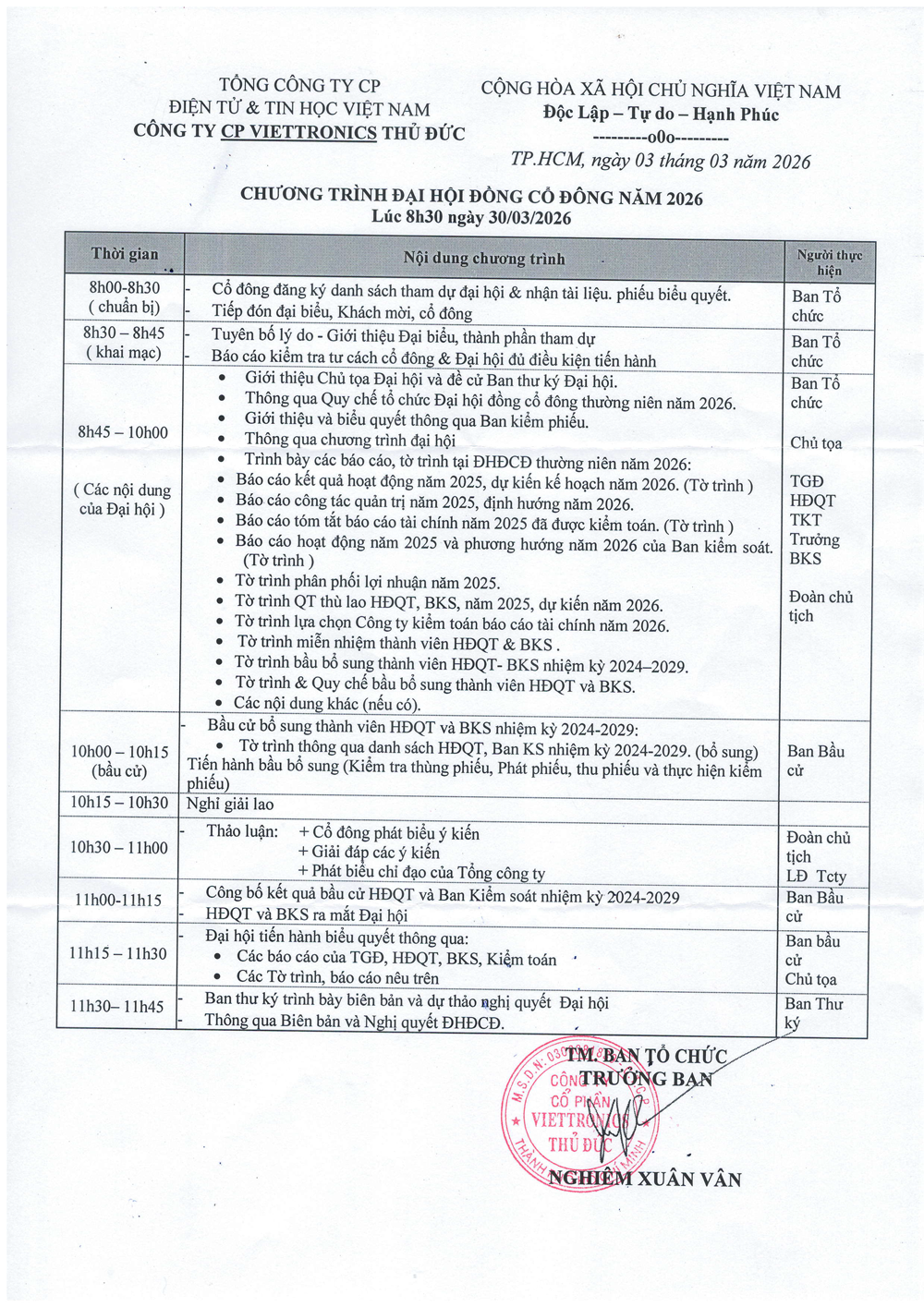 Thông báo về Thư mời tham dự và Chương trình ĐHCĐ 2026