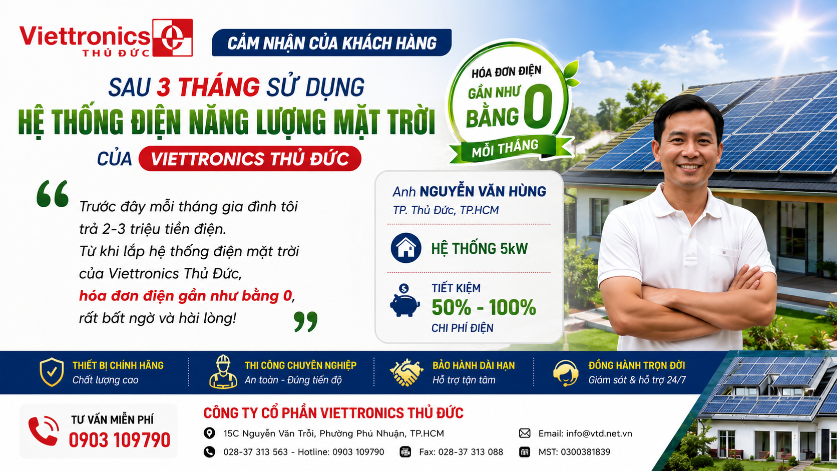 Cảm nhận của khách hàng sau 3 tháng dùng Hệ thống điện năng lượng mặt trời của Viettronics Thủ Đức